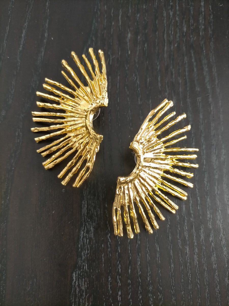 Boucles D'oreilles Clips Soleil Doré Signées Osmose - Haute Couture Années 90, état Parfait, Métal Doré